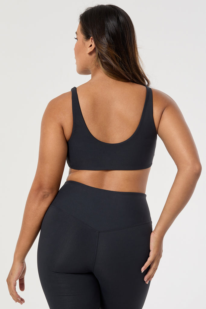 Mid-high waisted black shorts with a V-shaped back seam for a flattering lift. Squat proof, no front seam, and double-layered waistband, back view