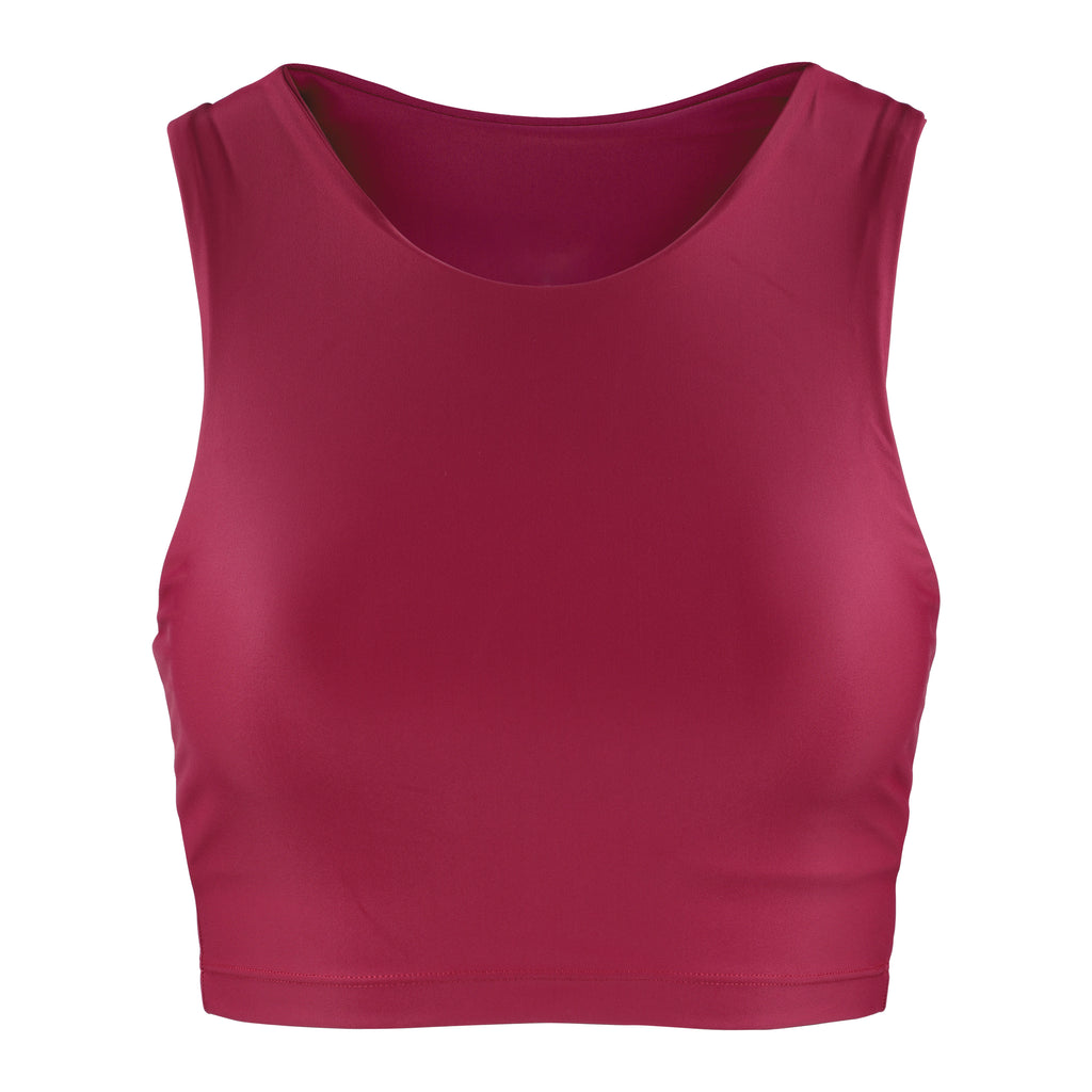 Award-winning wine red crop top with a flattering cut, high neckline for coverage, and in-built sports bra. Medium impact support, perfect for day wear, ghost image front view