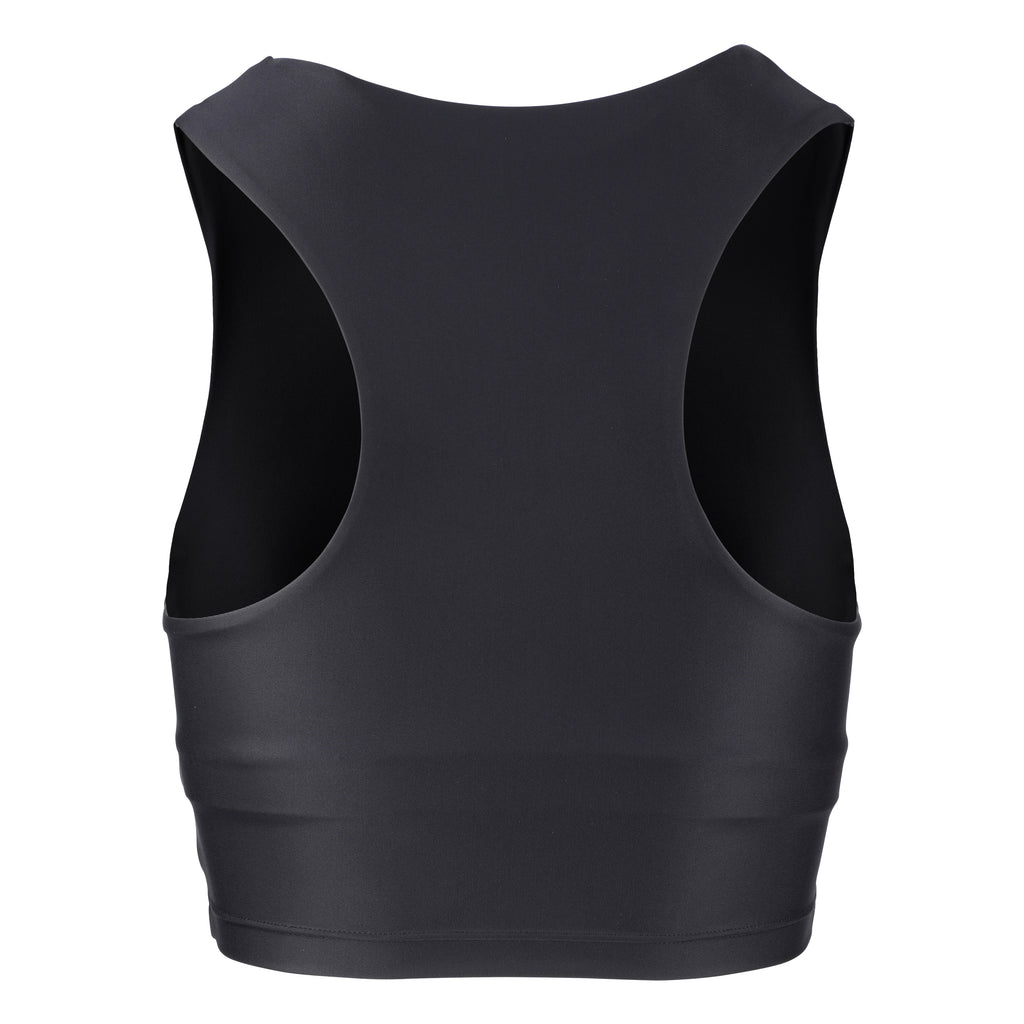 Award-winning black crop top with a flattering cut, high neckline for coverage, and in-built sports bra. Medium impact support, perfect for day wear, ghost image back view