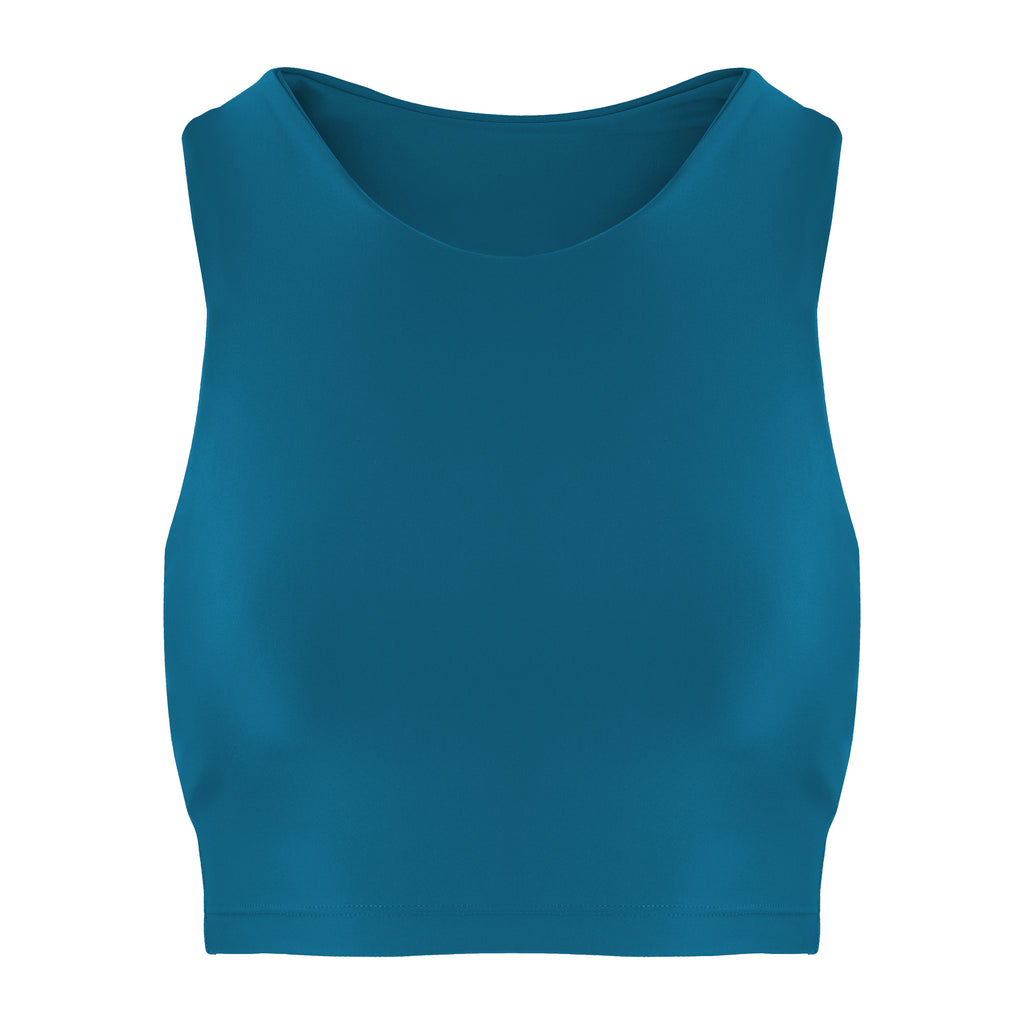 Award-winning mid blue crop top with a flattering cut, high neckline for coverage, and in-built sports bra. Medium impact support, perfect for day wear, ghost image front view