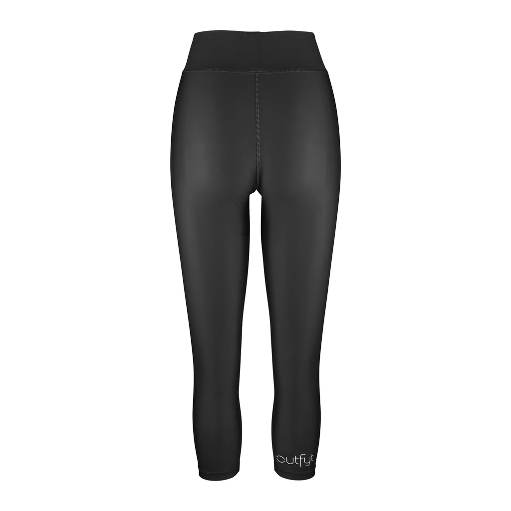High-waisted black leggings with a compressive waistband for a slimming, luxurious fit. Perfect for high-intensity activities, ghost image back view