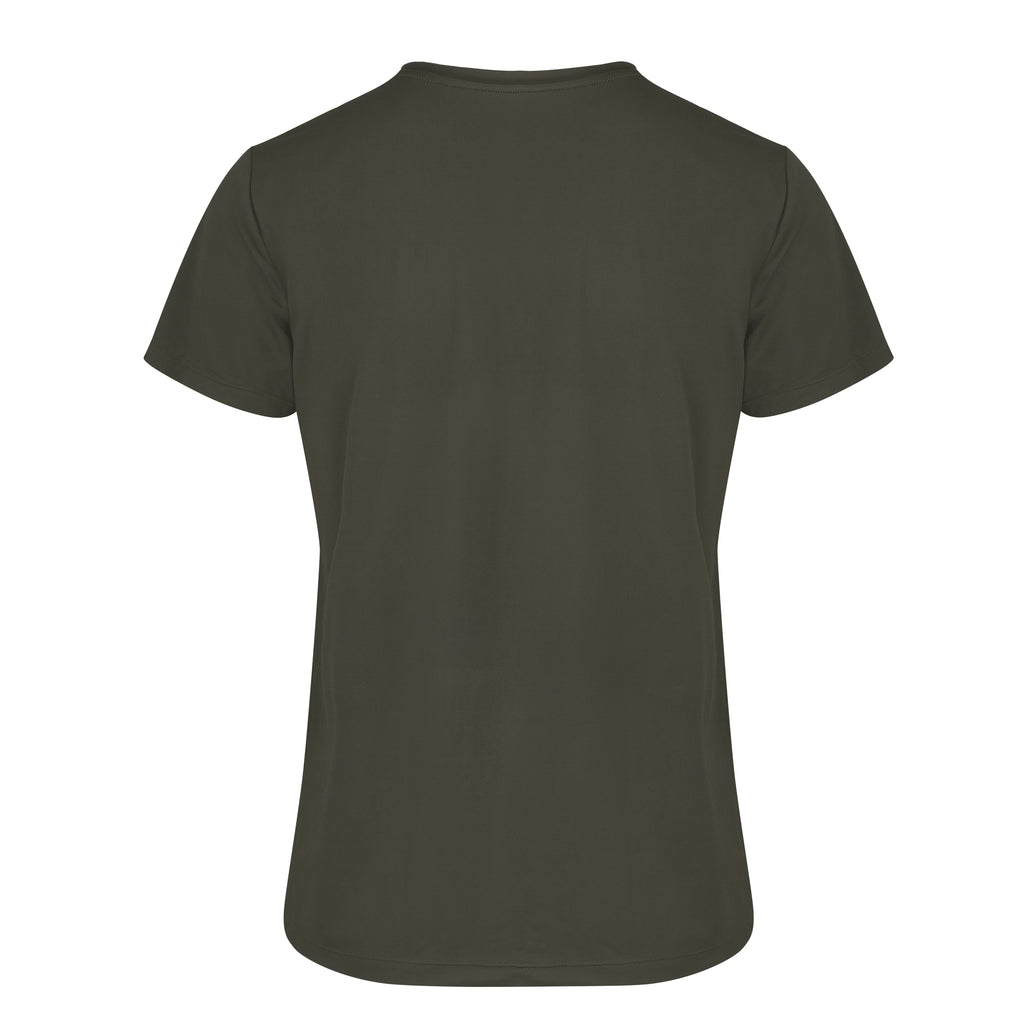 Olive green UV-protective ultra-lightweight t-shirt that is quick-drying, perfect for hot days and everyday wear, ghost image back view