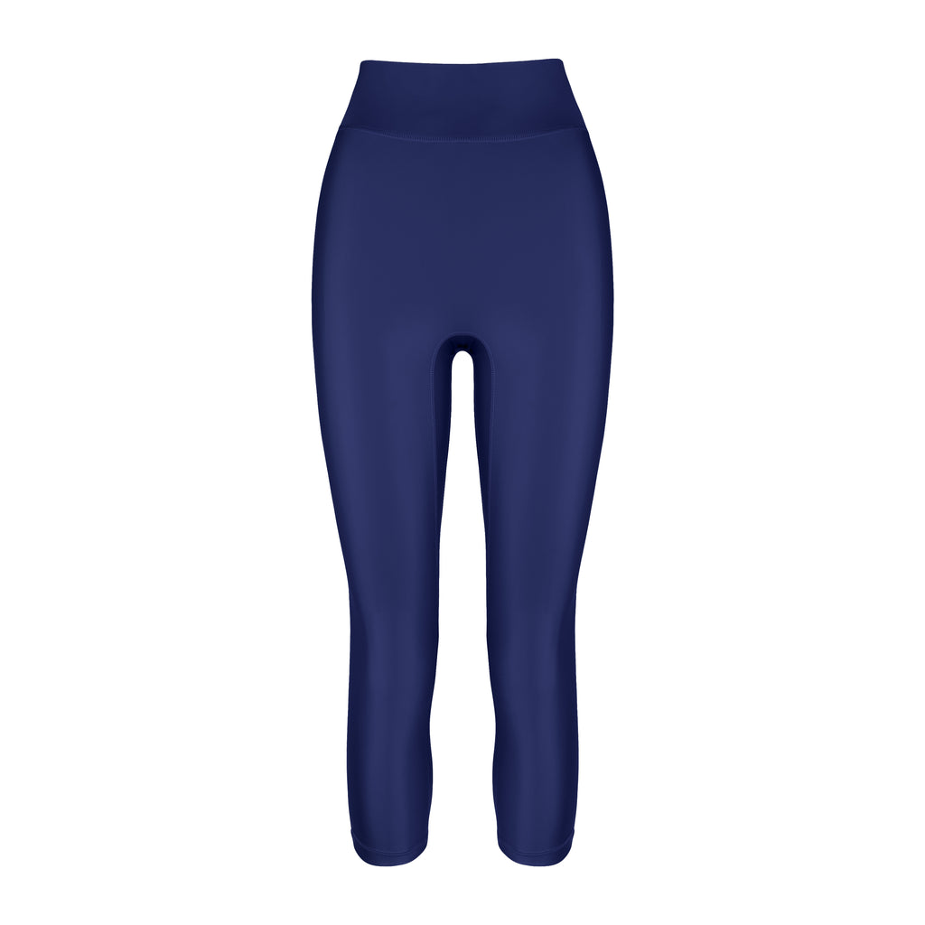 High-waisted navy blue leggings with a compressive waistband for a slimming, luxurious fit. Perfect for high-intensity activities, ghost image front view