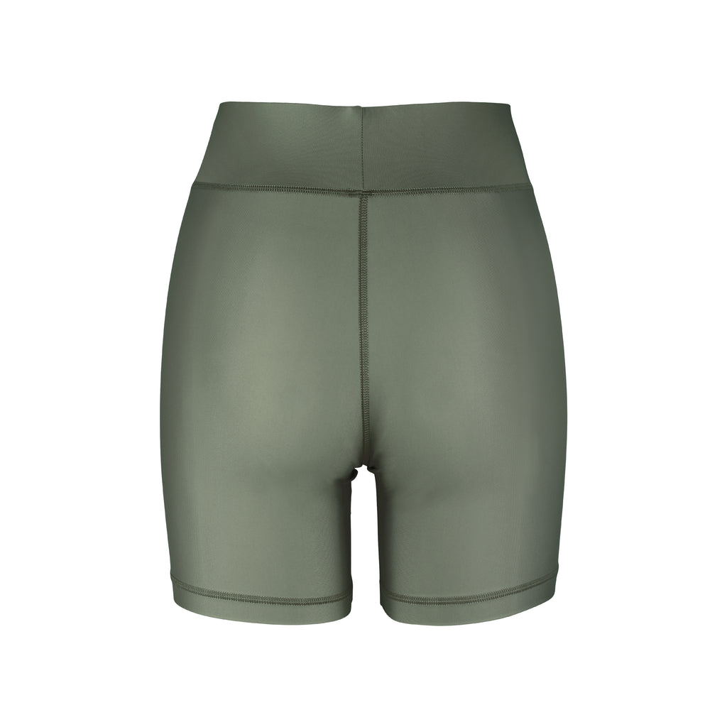 High-waisted olive green bicycle shorts with a secure, compressive fit. No front seam and flattering wide waist band, ghost image back view