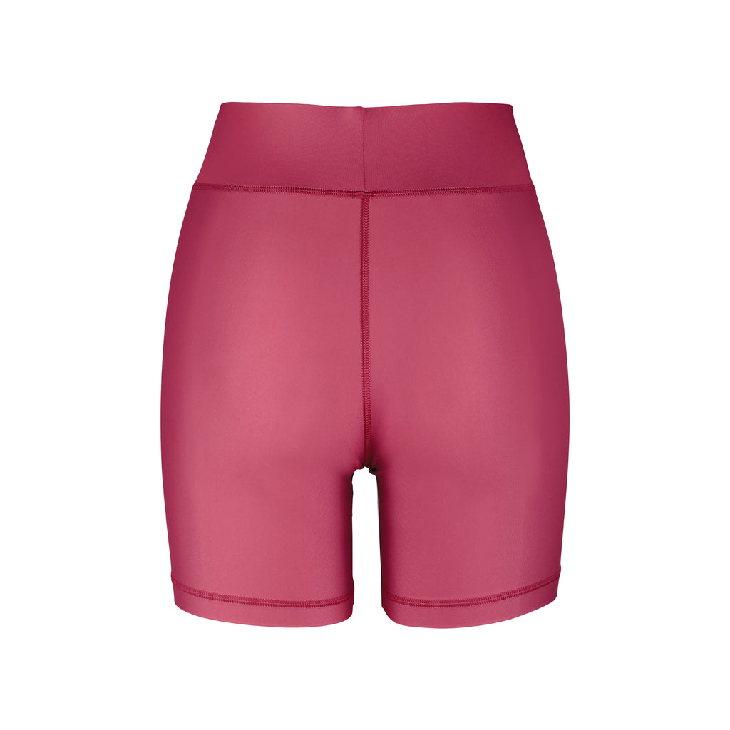 High-waisted dark red bicycle shorts with a secure, compressive fit. No front seam and flattering wide waist band, ghost image back view
