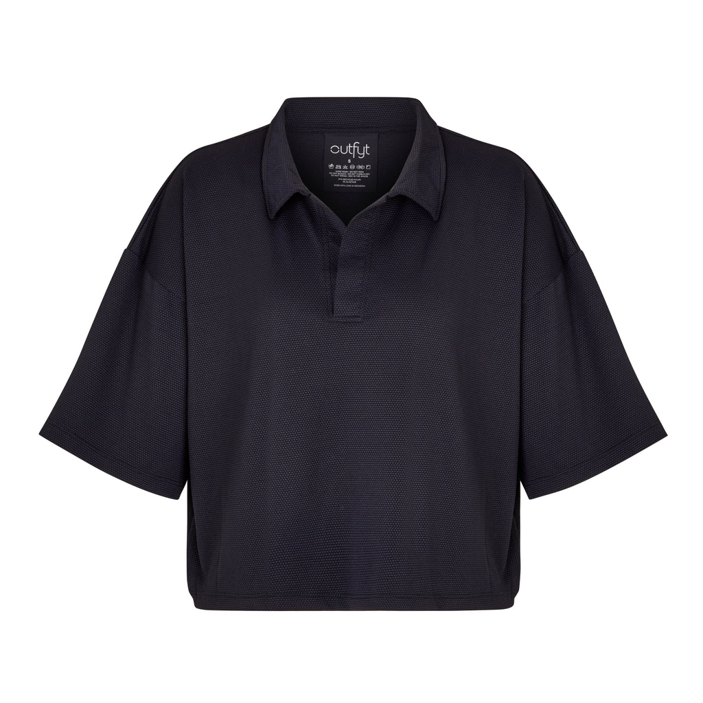 Black Boxy Polo Shirt with lightweight, airy sleeves for free movement, ghost image front view