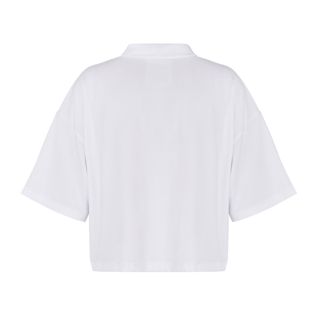 White Boxy Polo Shirt with lightweight, airy sleeves for free movement, ghost image back view