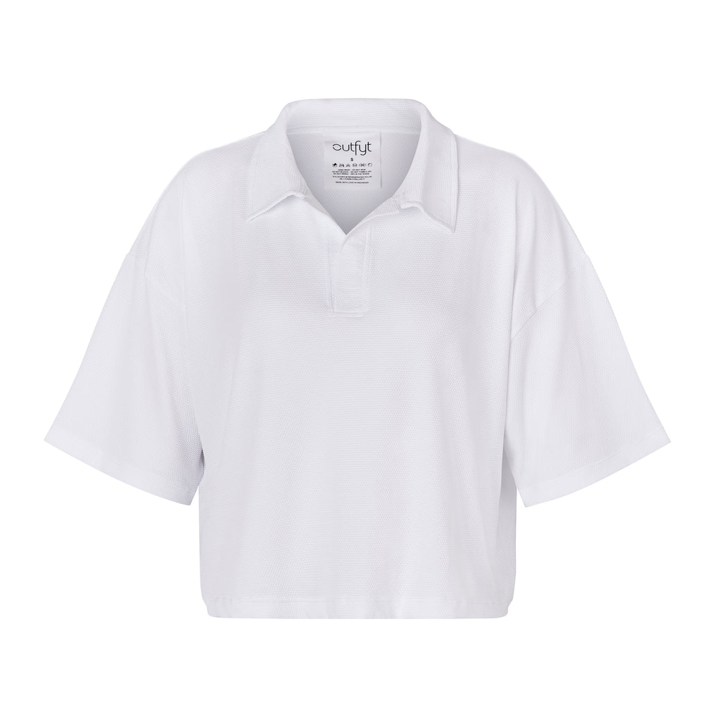 White Boxy Polo Shirt with lightweight, airy sleeves for free movement , ghost image, front view