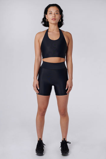 Front view of model wearing Cora Bicycle Shorts in Black
