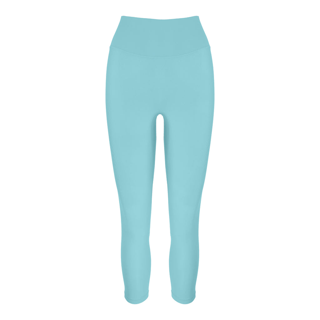 Light blue super soft, high-waisted without a front seam for all-day comfort. Perfect for non abrasive sports and everyday wear ghost image front view