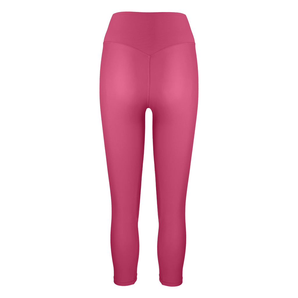 Super soft pink high-waisted 7/8 leggings without a front seam for all-day comfort. Perfect for non abrasive sports and everyday wear, ghost image back view