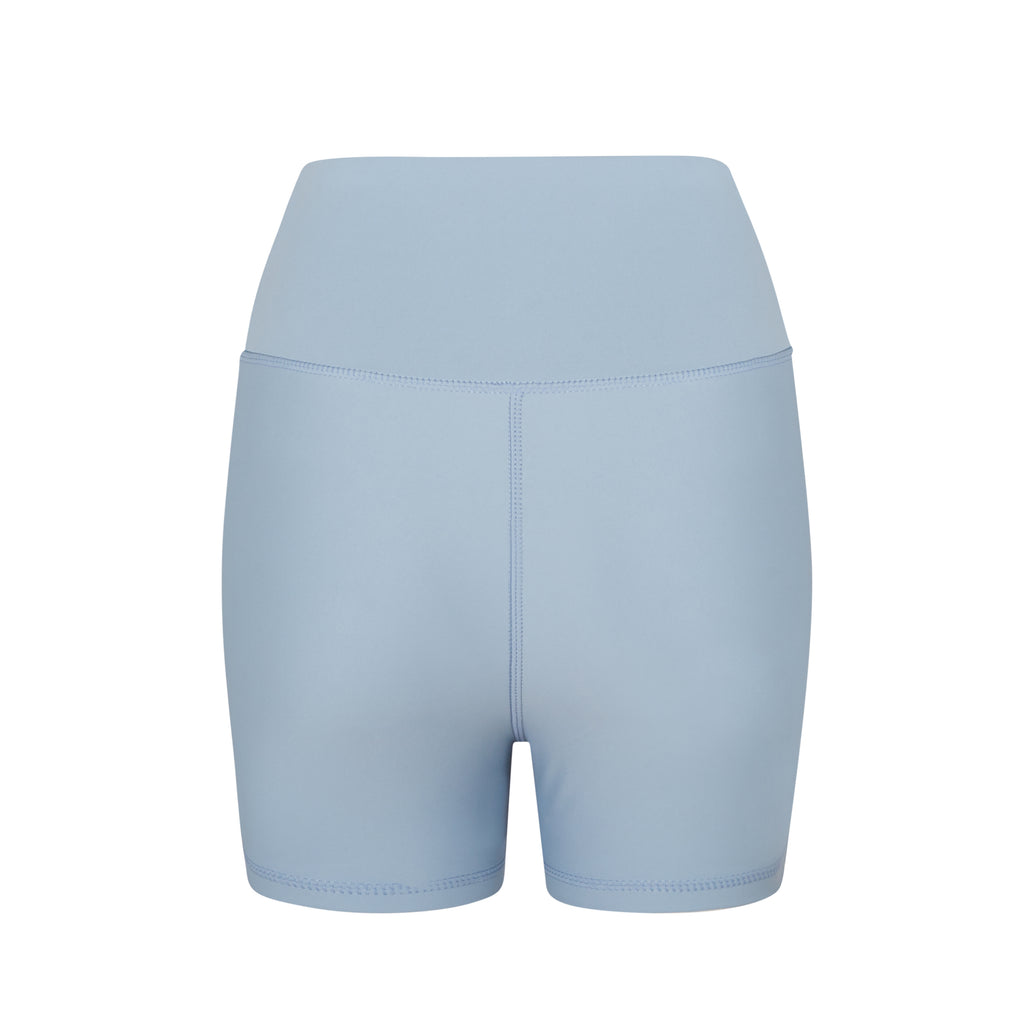 Light blue high-waisted shorts with a double-layered waistband that lies flat. No front seam for ultimate comfort and no camel toe, ghost image back view