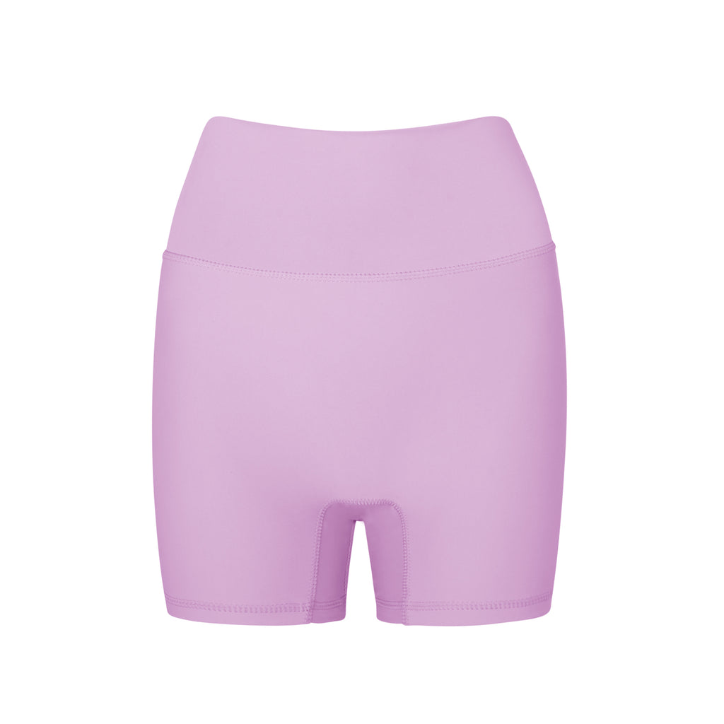 Light pink high-waisted shorts with a double-layered waistband that lies flat. No front seam for ultimate comfort and no camel toe, ghost image front view
