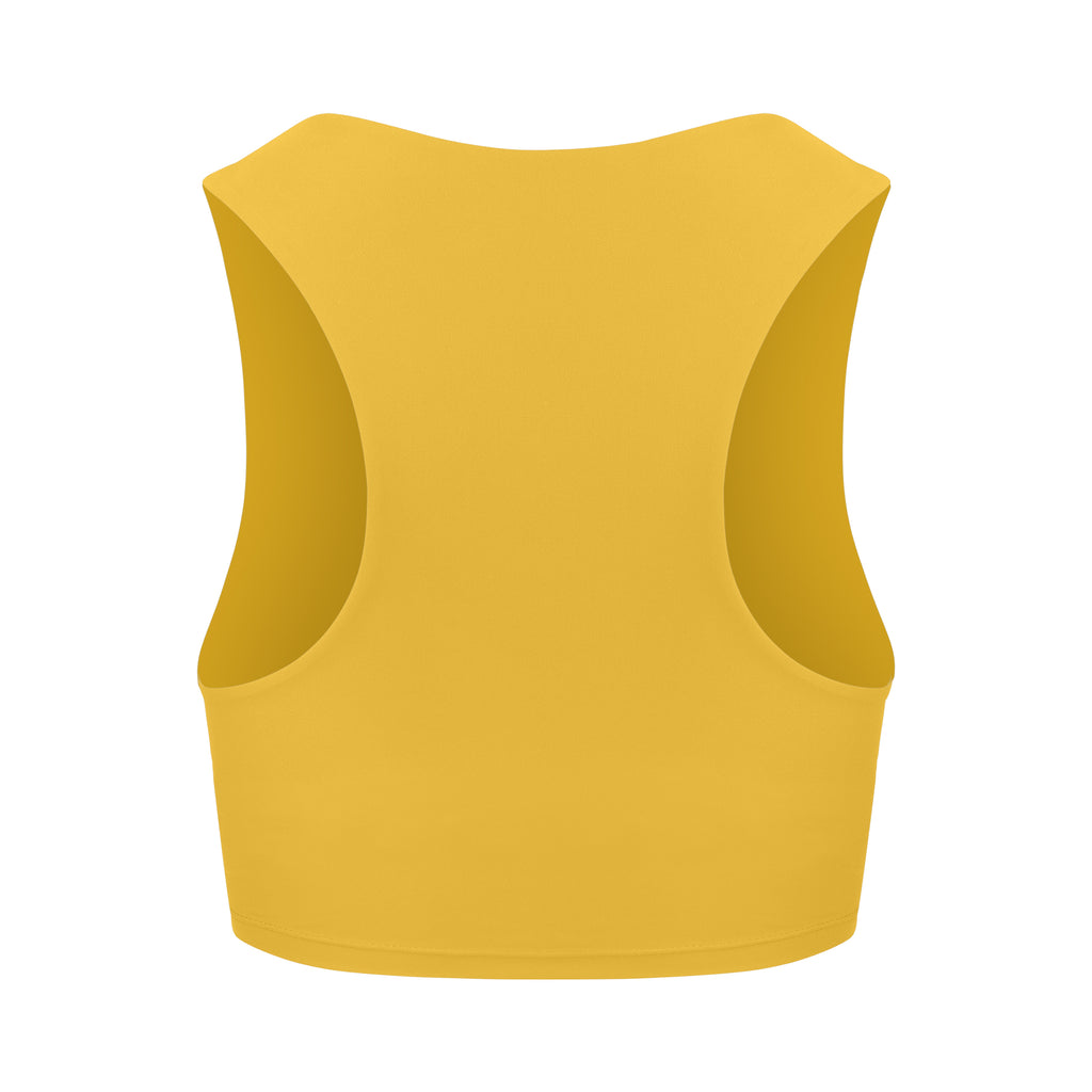 Award-winning yellow crop top with a flattering cut, high neckline for coverage, and in-built sports bra. Medium impact support, perfect for day wear, ghost image back view